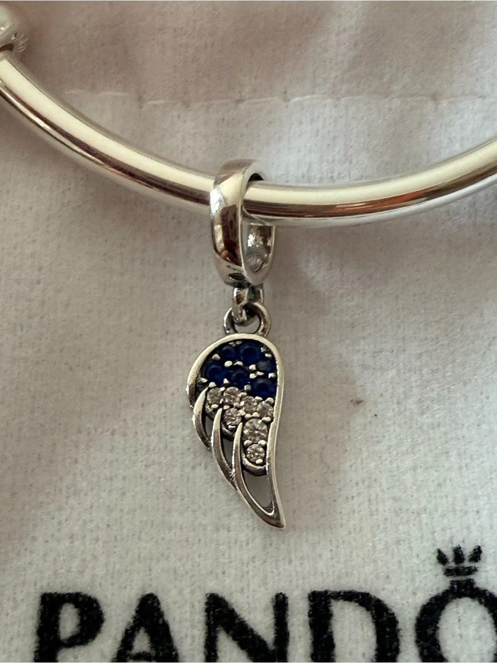 Pandora Silver Angel Wing Charm with Blue and Clear Stones